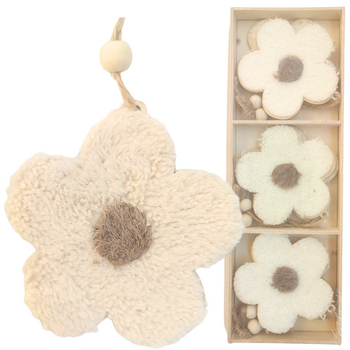 ZAWIESZKI DREWNIANE PLUSZOWE KWIATKI KREMOWE Z BRĄZEM - [29061]
